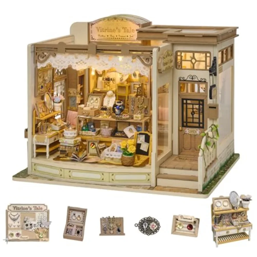 

DIY Miniature Dollhouse Kit - 3D Wooden Puzzle Jewelry Shop Model with LED Light for Adults Teens Tiny House Decor in Brown and