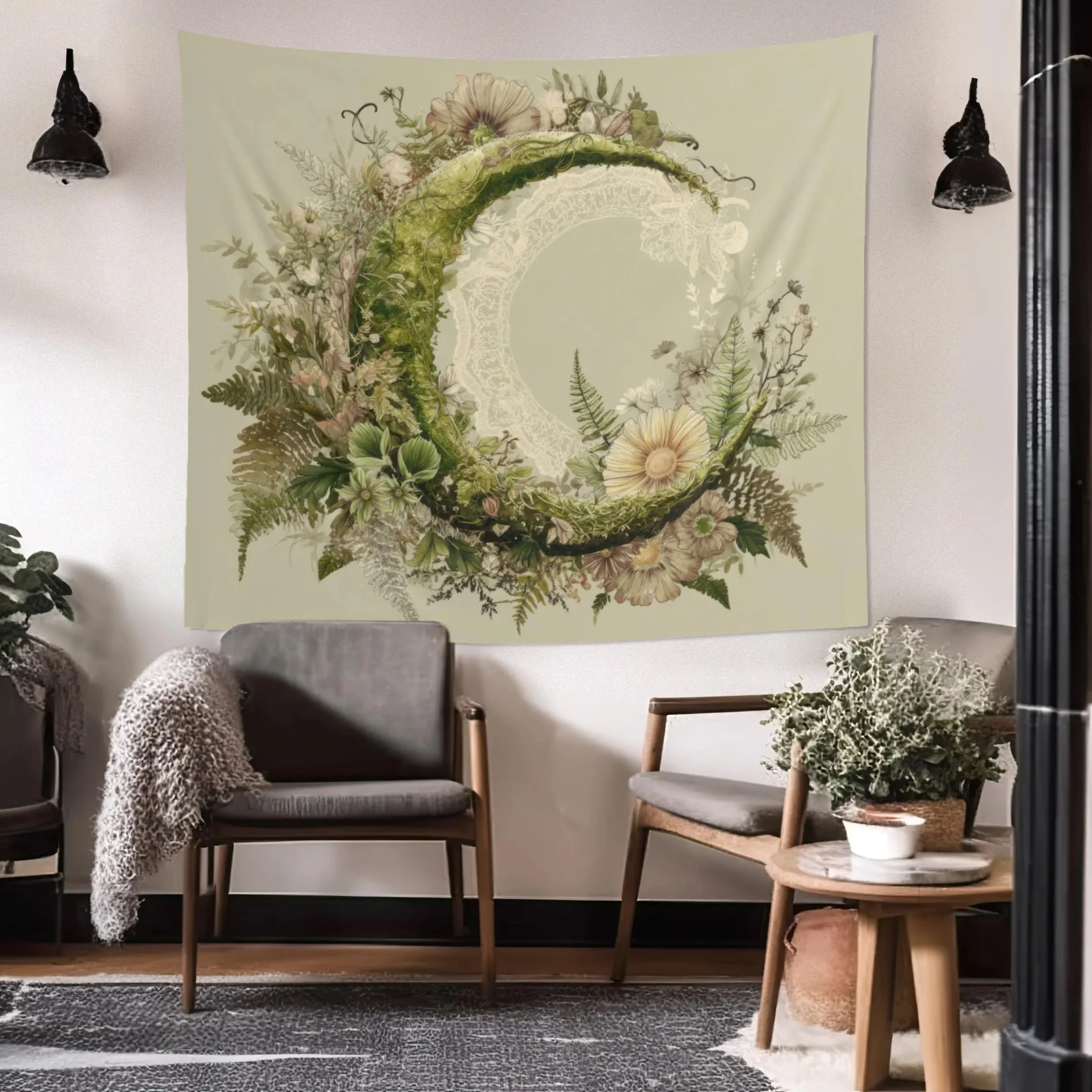 VIKAMA Forest Moss Moon Tapestry French Vintage Flower Background Cloth Living Room Decoration Hanging Cloth Room Decoration
