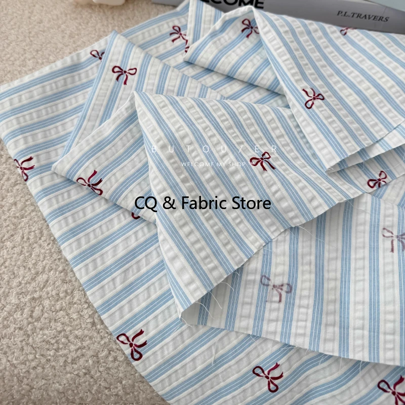 Ins Coreano Stripe Bow Design Tessuto di cotone poliestere Camicia elegante da donna Materiale di stoffa per bambini al metro