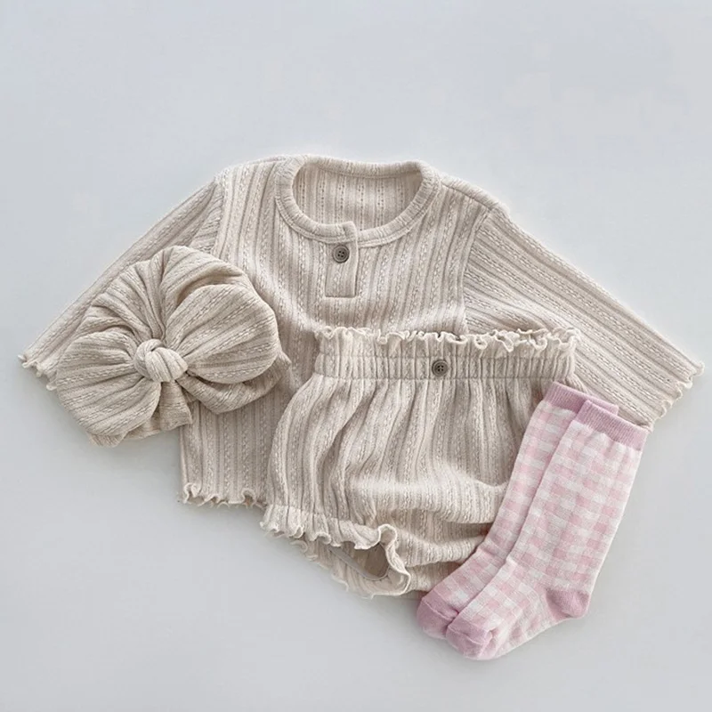 0-24M Newborn Baby Girls Clothing Set Long Sleeved Solid Color T-shirt+PP Shorts+Hat Spring Autumn Baby Girls Clothes Suit