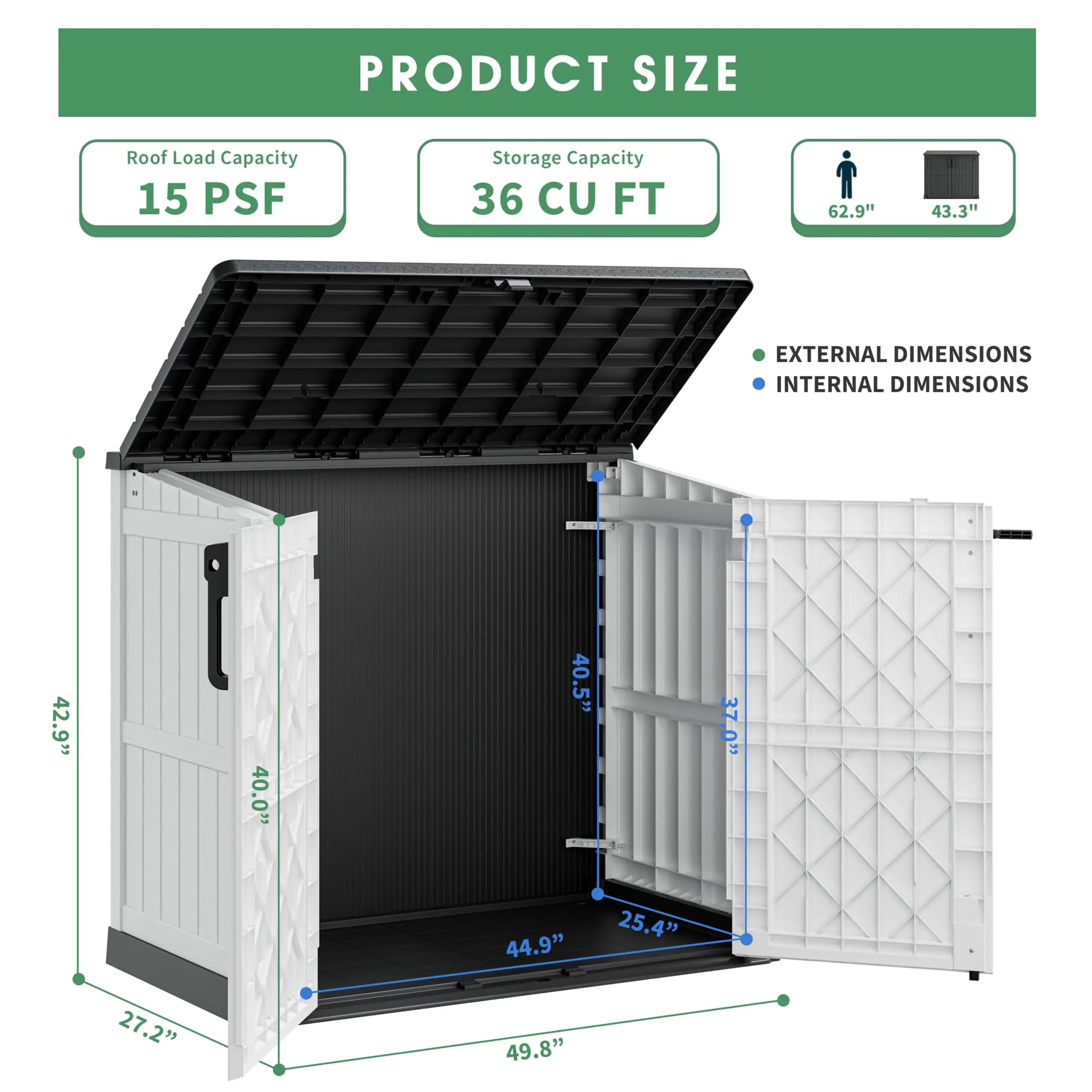 36 Cu Ft Outdoor Storage Cabinet with Dual Lockable Do, Weatherproof Horizontal Outdoor Storage Shed with Floor for