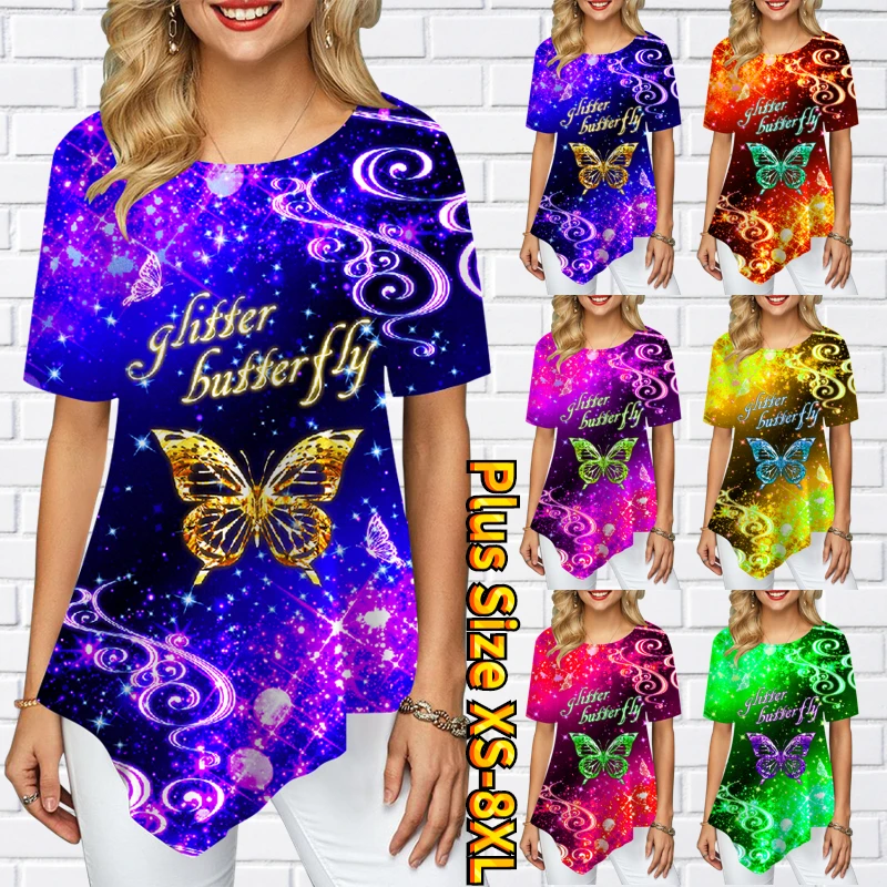 

Women's Shiny Butterfly Floral Print Crew Neck Gorgeous Fashion T-Shirt Holiday Bright Short Sleeves Forward Breathable XS-8XL