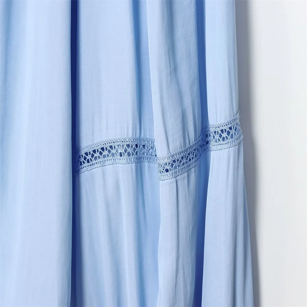 Europejski i amerykański styl, nowa kolekcja jesienna, damska, uniwersalna bluzka z dekoltem w serek, długim rękawem, pionową koronką i efektem zwisania.