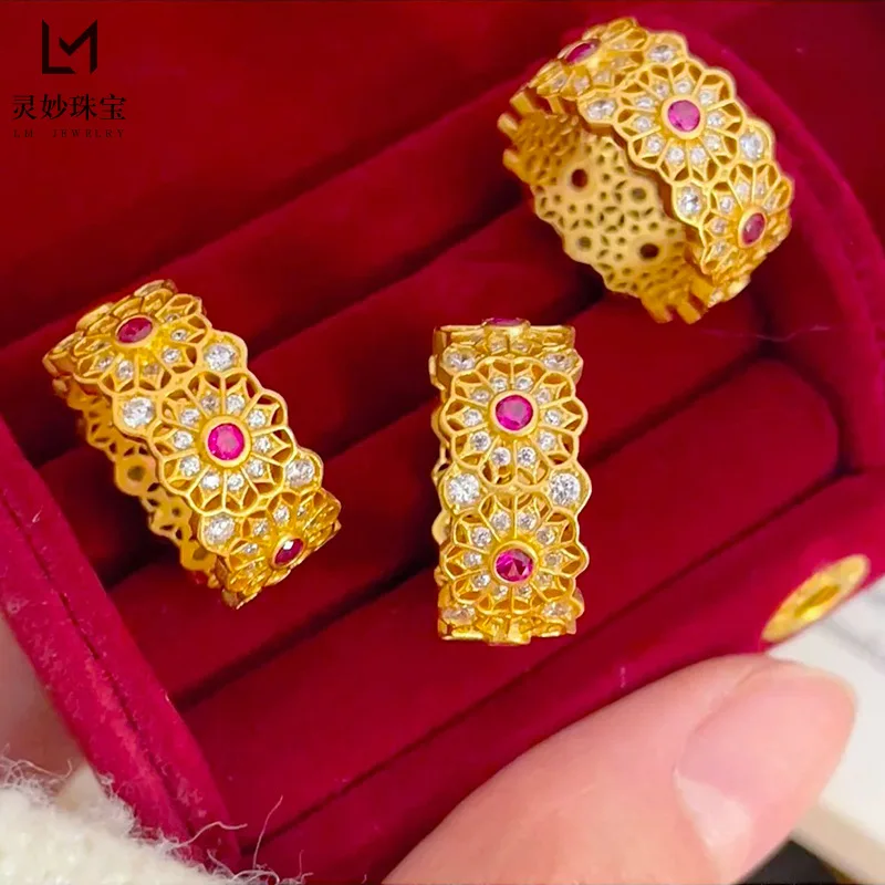 

9999 24K real gold luxury jewelry hollow silk rose red diamond rose window flower ring lace ring for girlfriend