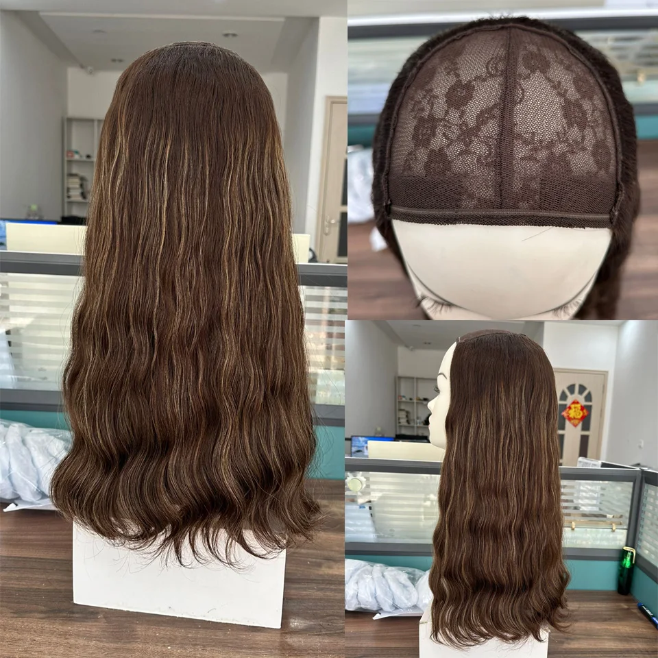 Wavy Human Hair Hat Fall Wigs For Women Brown Blonde Highlight Ombre Color Weft Kosher Wig 14-24inch No Layer Hat Fall Wig