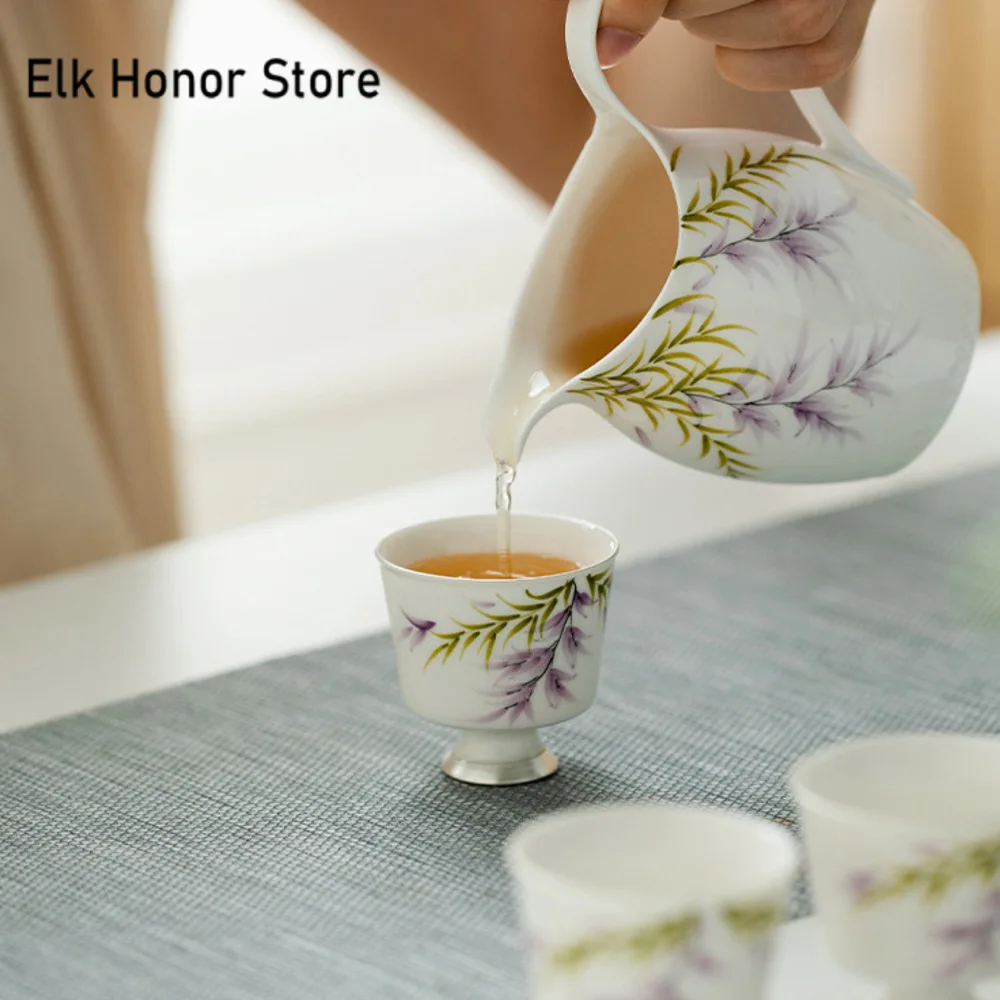 35ml Pure Hand-painted Wisteria Flower Teacup Aesthetic Tracing Silver Cup Personal Cup Master Cup Teaware Drinkware Ornaments