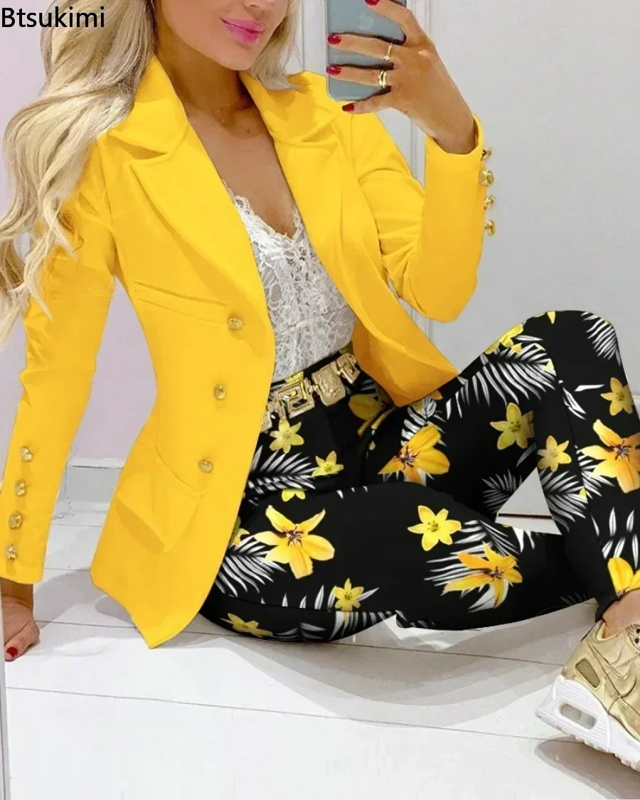 New 2024 Printted Two Pieces Sets for Women Slim Formal Office Pant Suits Elegant Jacket and Pants Sets Women Tracksuits 2PCS