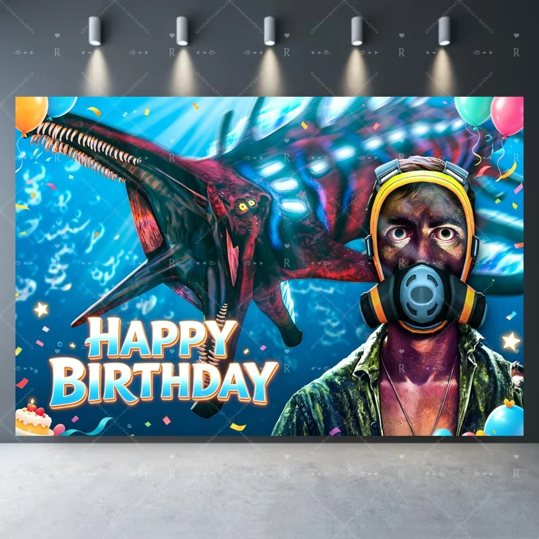 Game Subnautica Birthday Party Decor Supplies Sea Monster Water World Number Balloon Cake Topper Banner Shoot Background Props view 6
