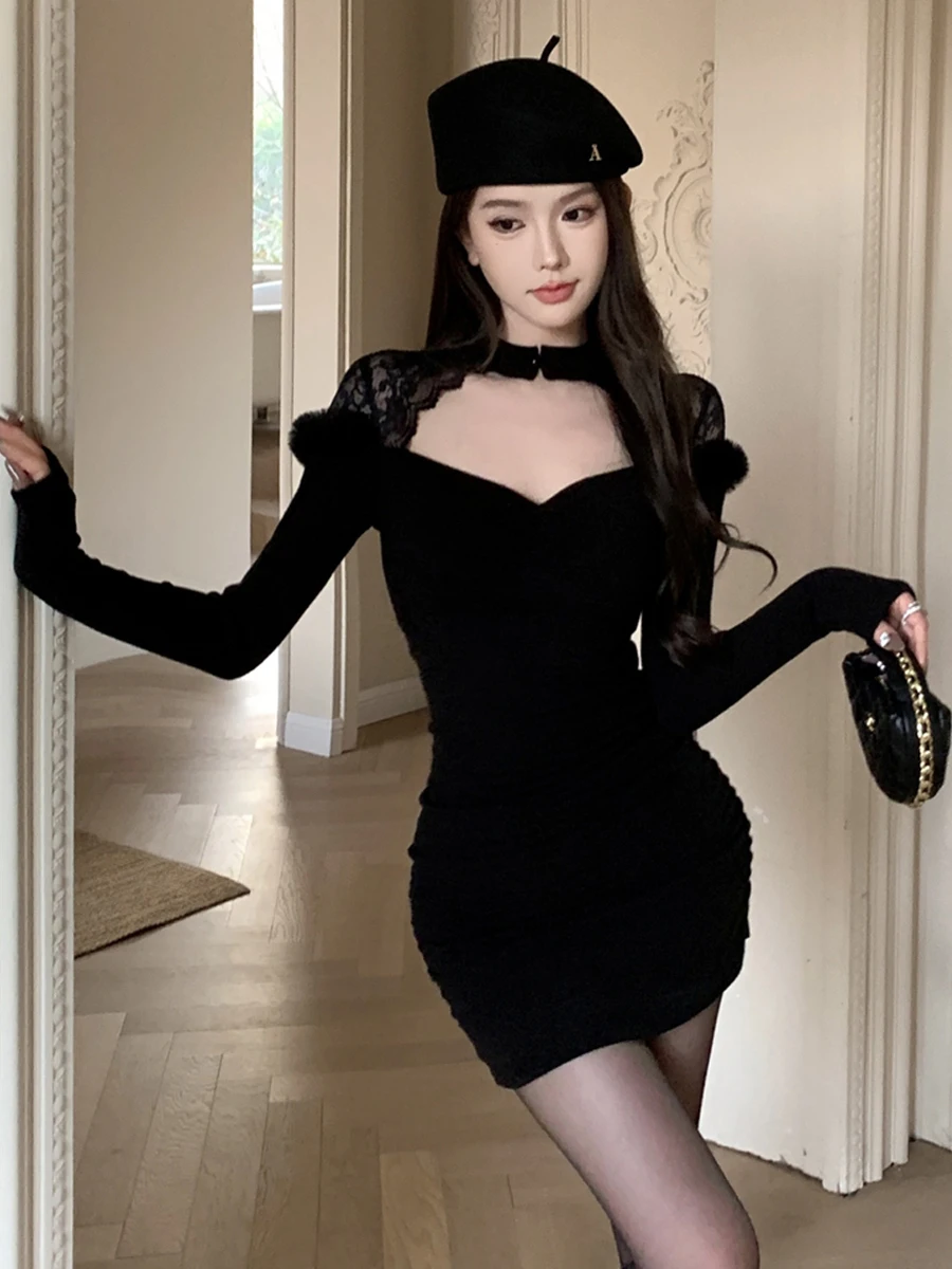 

Sexy Lace Splice Long Sve Dr Square Collar Bodycon ort Skirt Pure Desire Faion Casual Winter Season Women's Dr
