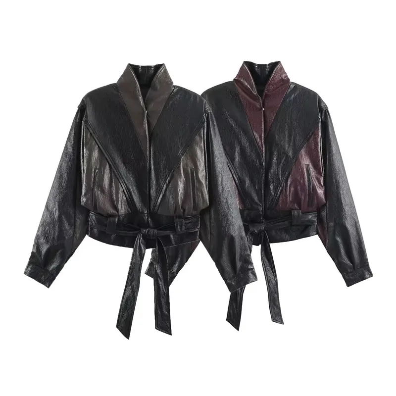 Guobioziy Women's Jacket  Fall Winter Long Sleeve Stand Collar Color-Block Leather-Effect Belted Classic Commuter Style