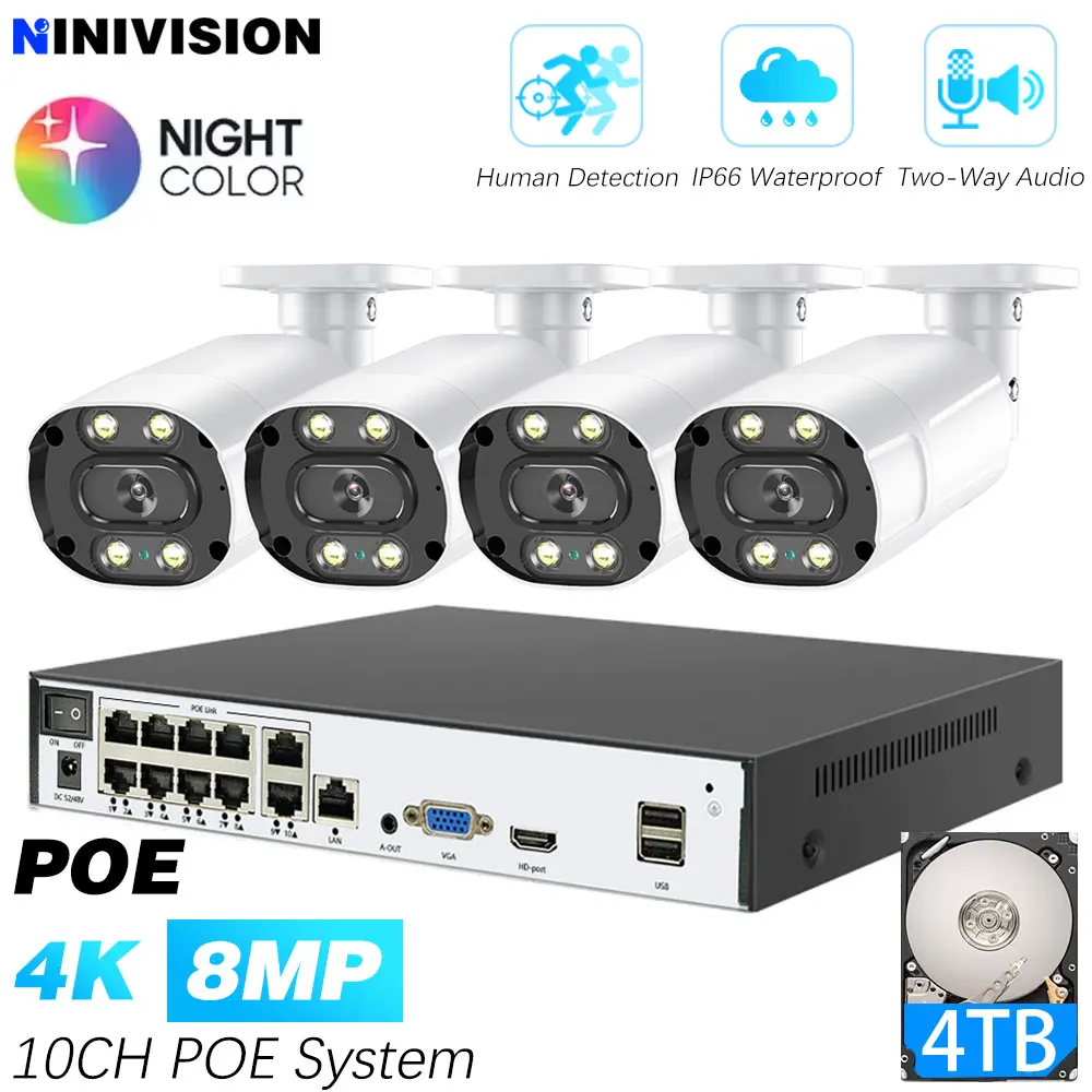 10CH 8MP 4K Video Surveillance POE IP Camera System Outdoor POE IP Camera P2P CCTV Smart Security POE NVR Kit Color Night Vision