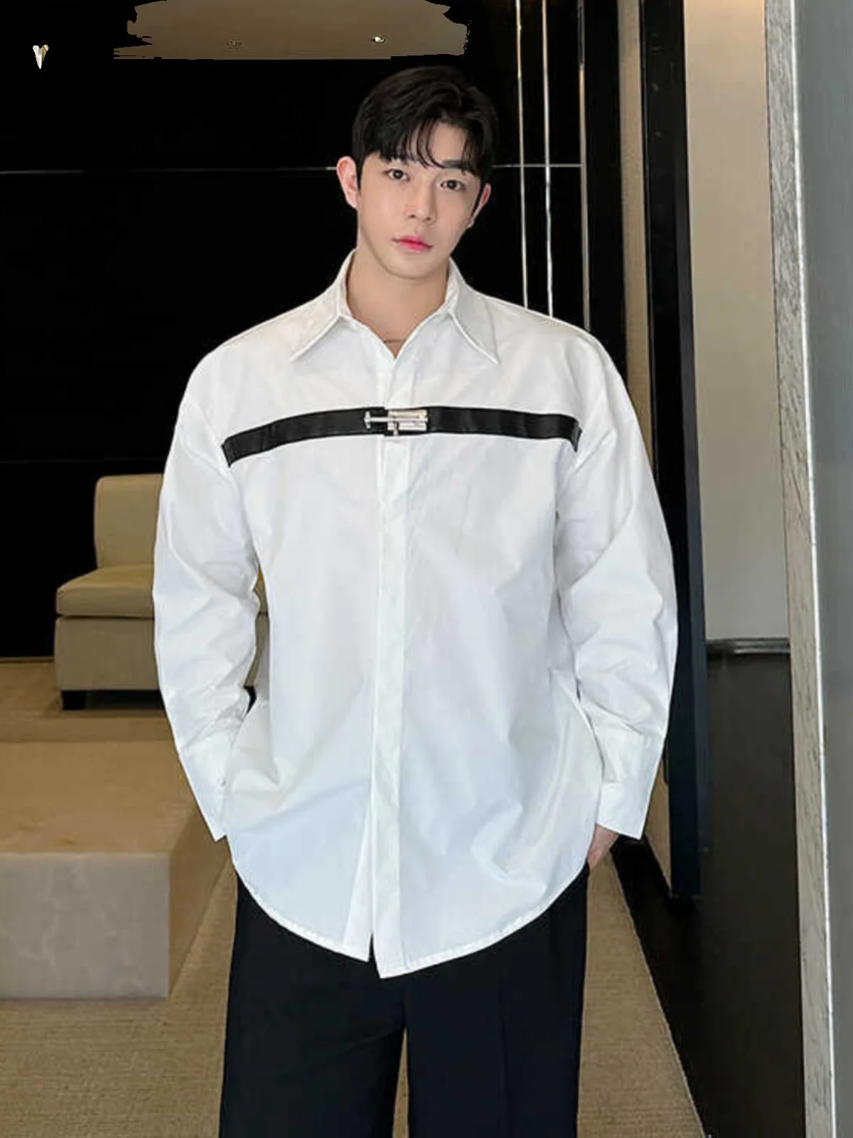 

Casual Metal Embellied Leather Patch Color Blo Long Sve irt Jaet for Men Spring Autumn Trendy Streetwear