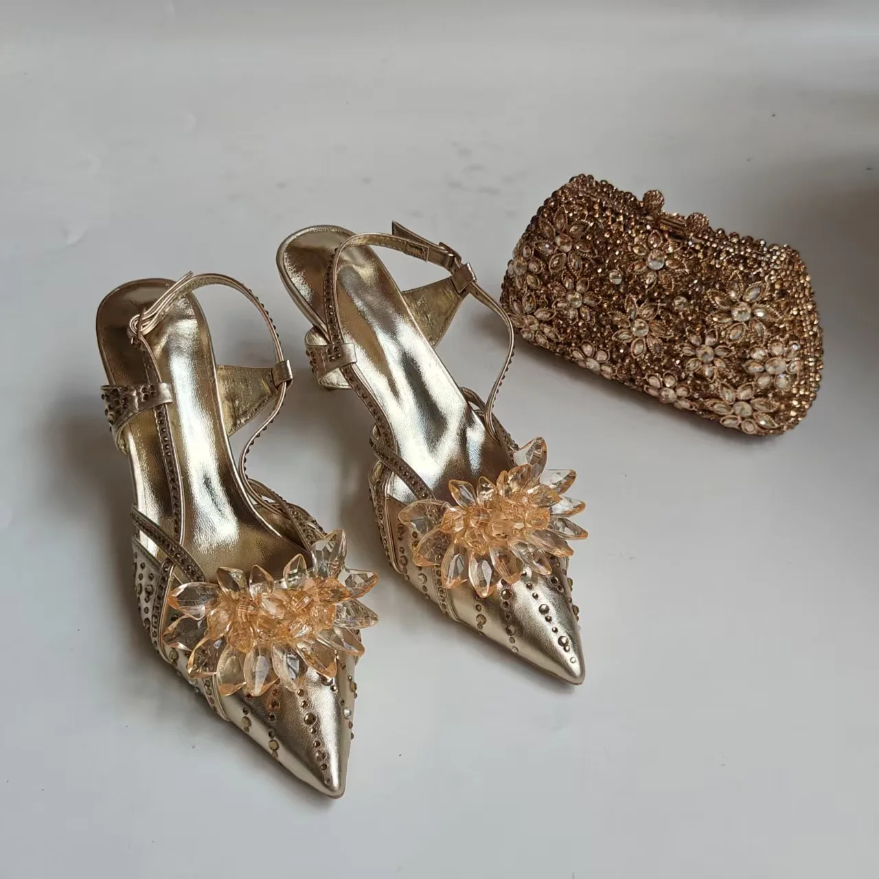 Full Diamond Pointed Baotou High Heels Sandals Crystal Rhinestones Wedding Dinner High Heels Shoes and purses view 2
