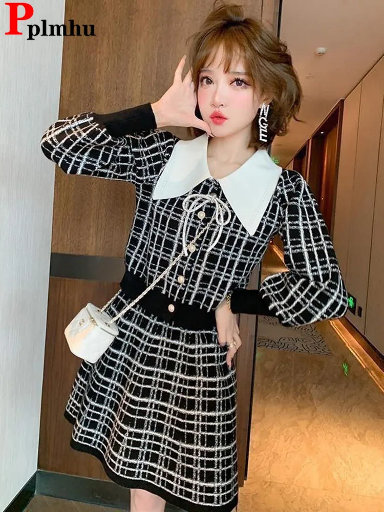 

Women Knitted Plaid 2 Pieces Sets Korean Lape Short Knitwear Cardigan Tops Conjuntos Spring Fall High Waist A-lined Skirt Outfit