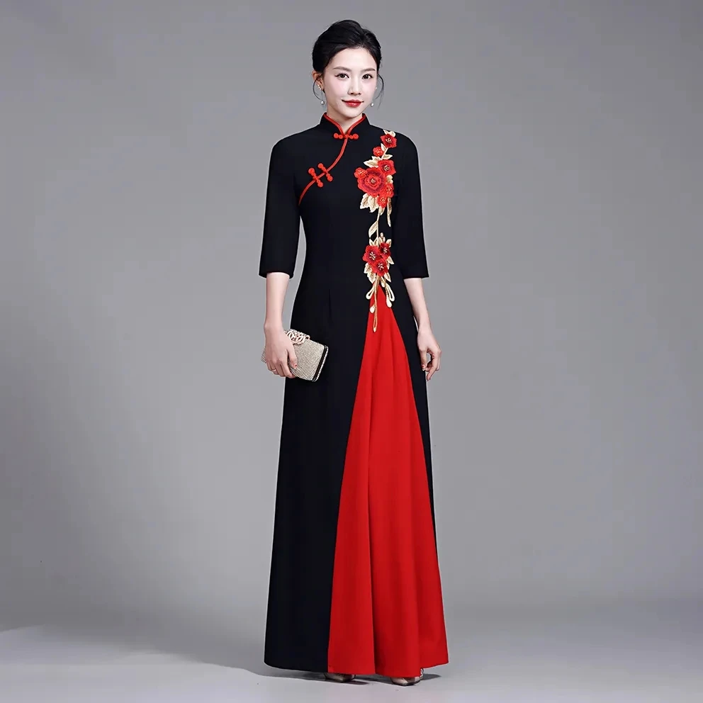 6XL 7XL Large Size High End Elegant Improve Cheongsam Dress Ethnic Style Women Embroidered Evening Dress Mother Long Vestidos