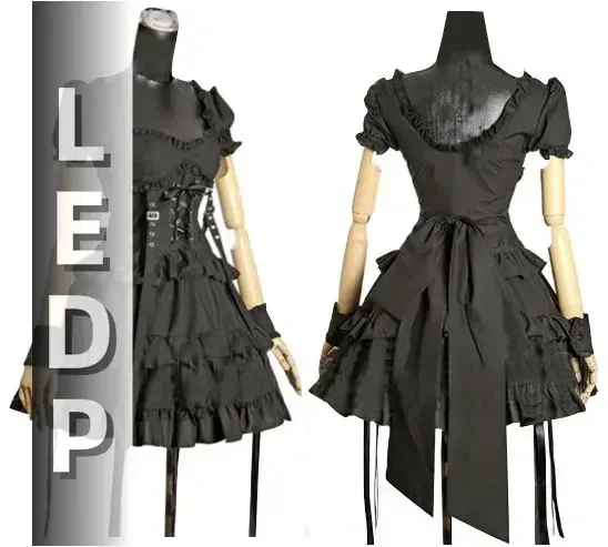 IMU Retro Gothic Steampunk Lolita Bandage Tight Waist Bow Strap Short Sleeve Backless Ball Gown Dress Black Cute Girls Costume d