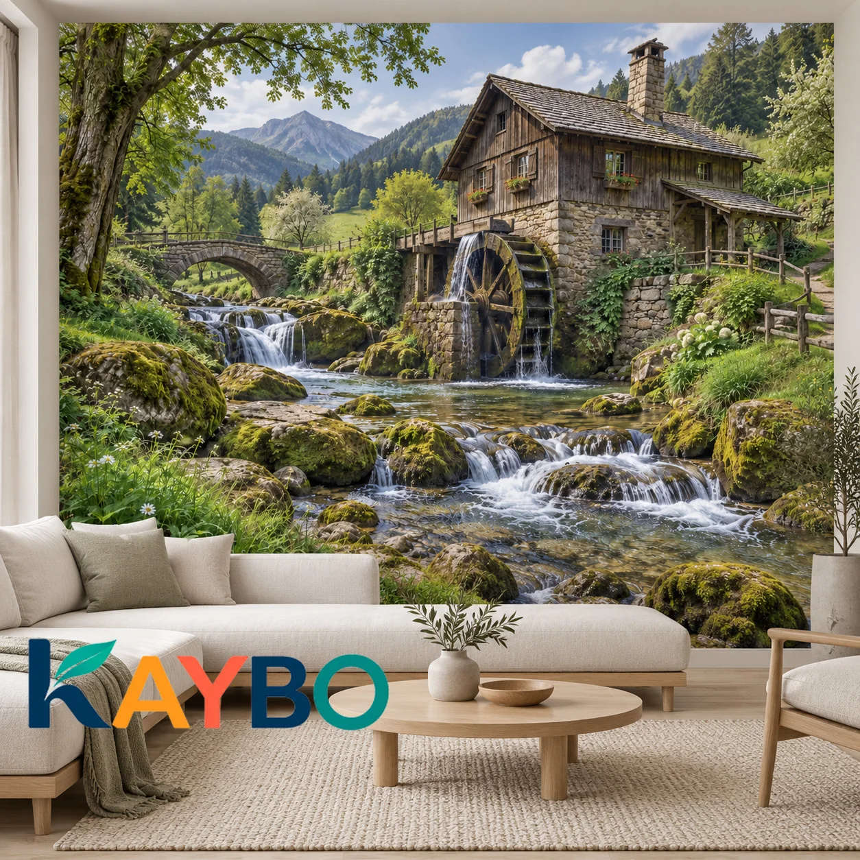 Watermill Landscape Wall Mural Rustic Cottage Waterfall Forest Wallpaper Mountain Stream Decor Non Self Adhesive Living Room Art