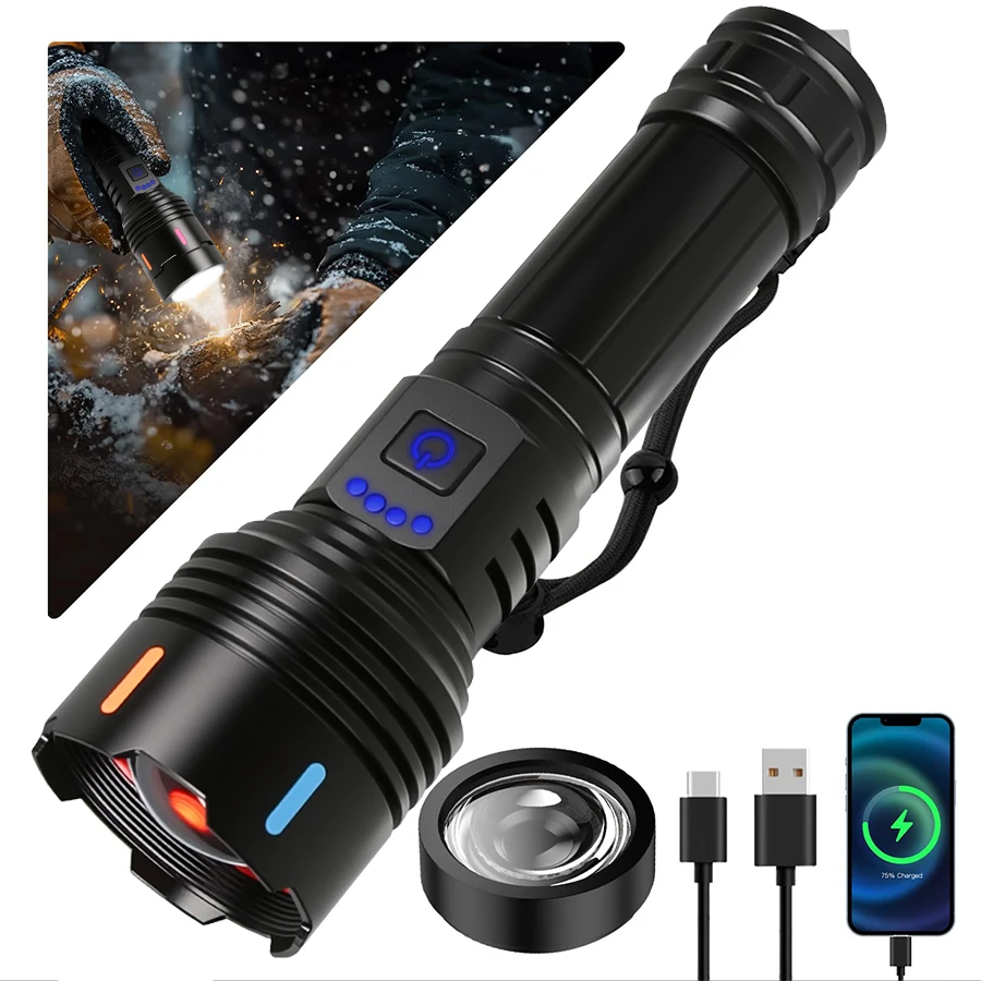 

10000000LM Outdoor Telescopic Zoom Rechargeable Flashlight Focusing Light Source Canignite Flames 5 Light Modes Window Breaker