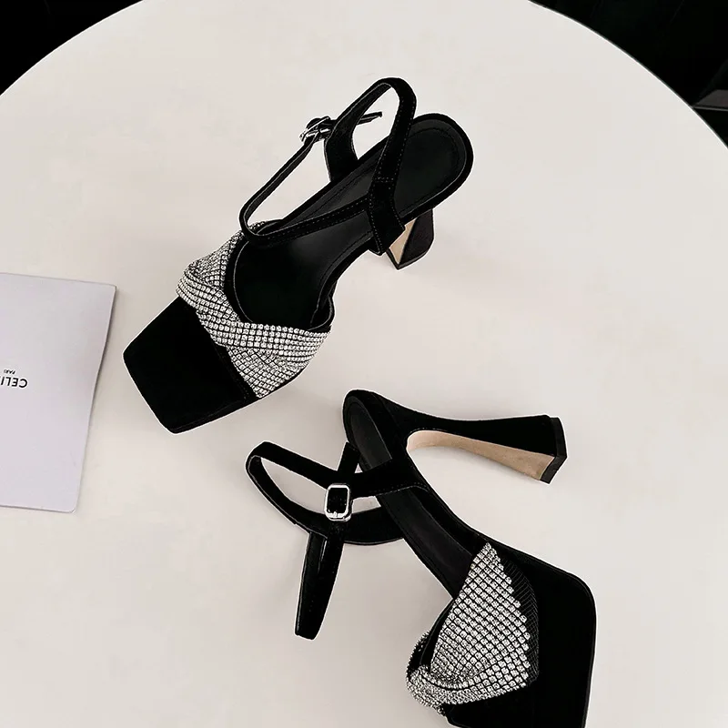 10.5Cm Platform Rhinestone Sandals Comfortable Thick-Heeled Matte Leather Women's Shoes Inner Height-Enhancing Black High Heels