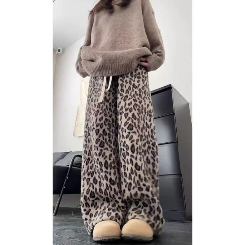 

Y2k винтажные брюки полной длины, прямые леопардовые женские повседневные теплые тонкие капри со средней талией и шнурком, Новое поступление осени 2023 г.