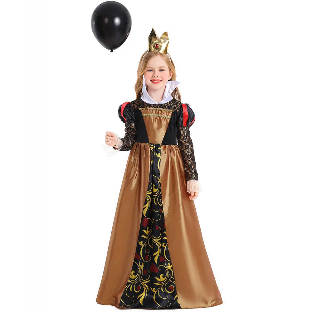 Girls Halloween Red Queen Cosplay Amazing Red Heart Queen Costume for Kids Halloween School Stage Evil Witch Cosplay Uniform