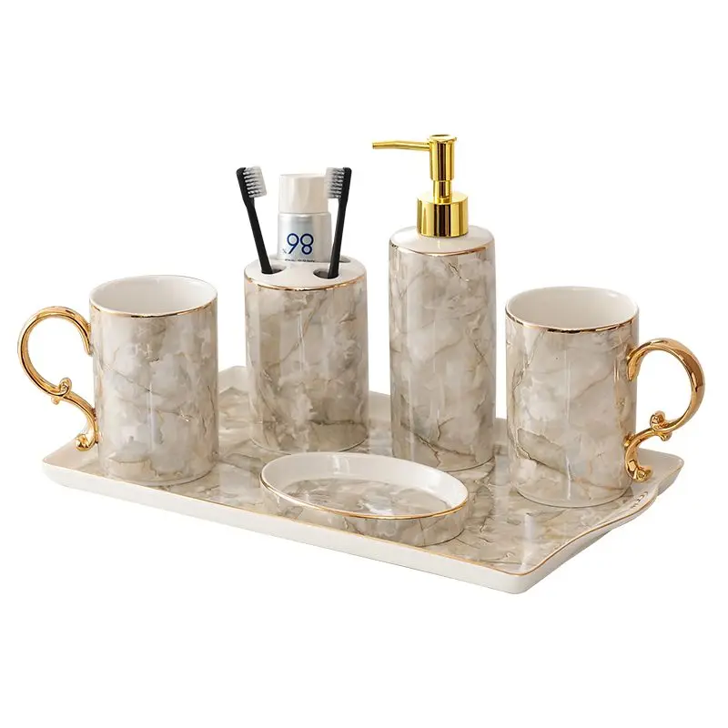 European Marble Ceramic Lotion Bottle Toothbrush Holder Bathroom Accessories Set Cup Soap Dish Shampoo Dispenser Bottle Decor