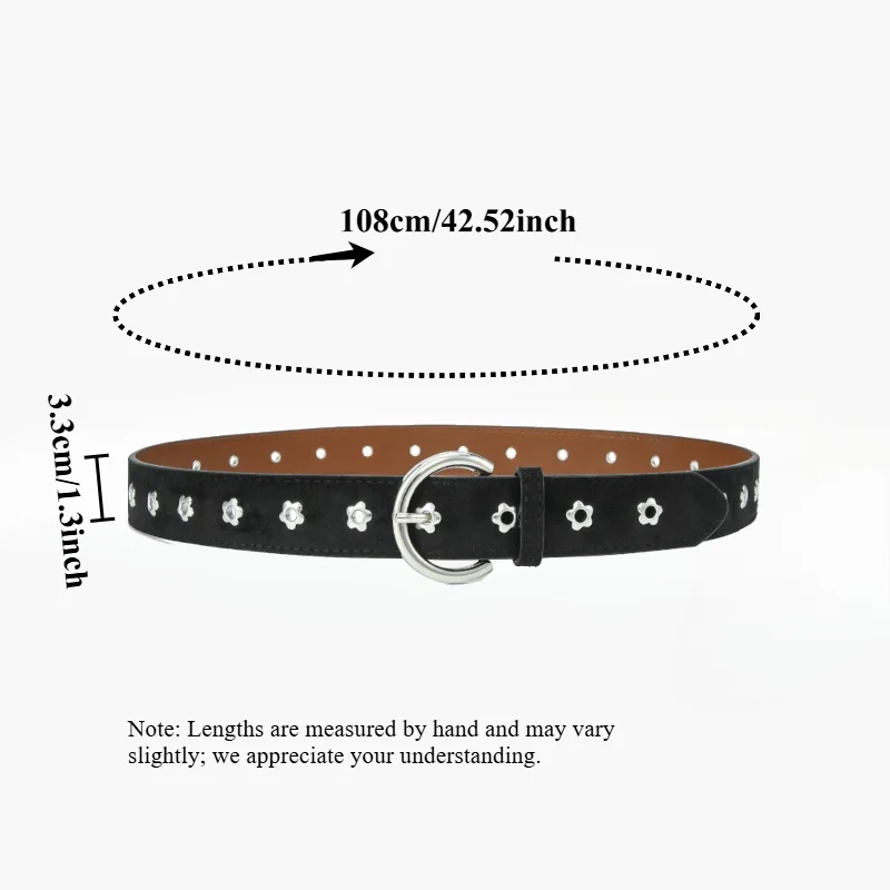 IF IFOND Fashionable Floral Perforated Matte “Sweet & Edgy” Women’s Belt—Trendy Versatile Black Faux Suede Pin-Buckle Belt
