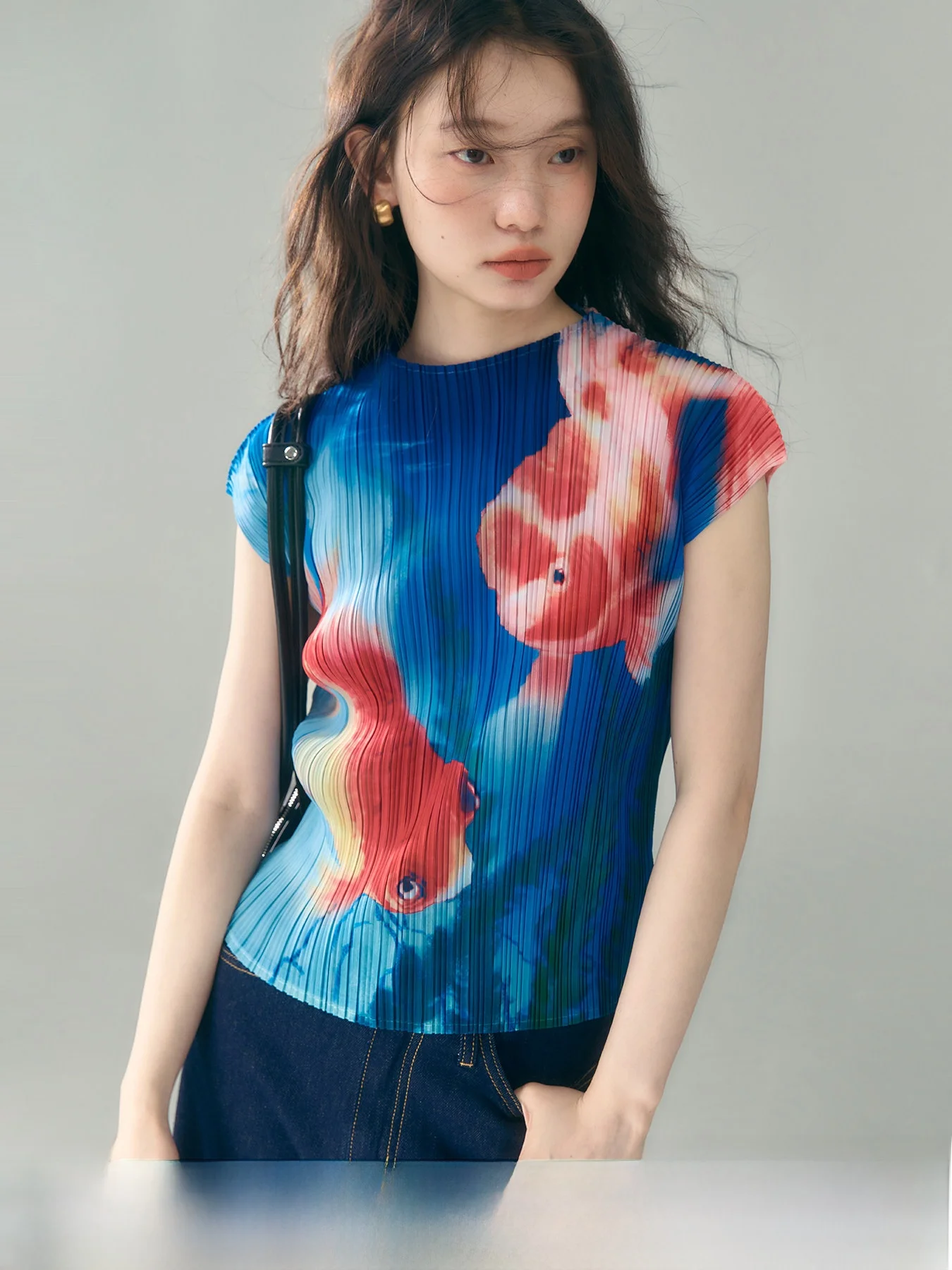 

Uare Original Design Goldfi Swim Retro New Chinese Sle Printed Pleated ort Sve T-irt Women's Polyester Fiber Summe...