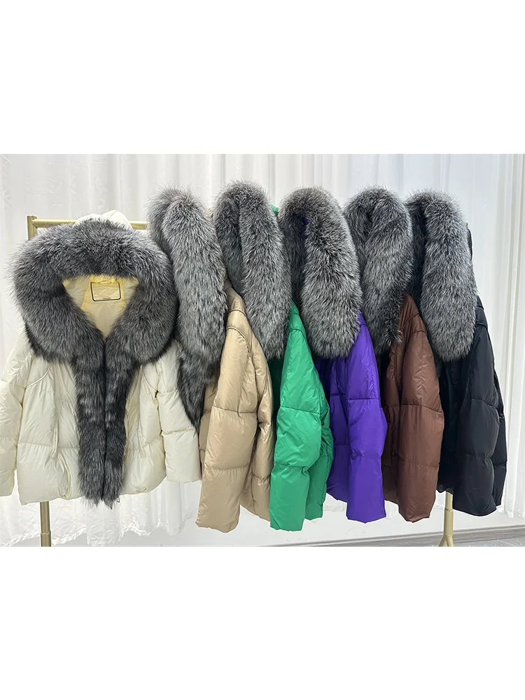 2023 Women Coat White Duck Down Jacket Super Large Real Silver Fox Fur Collar Hooded New Fashion Outerwear Puffer Jacket New