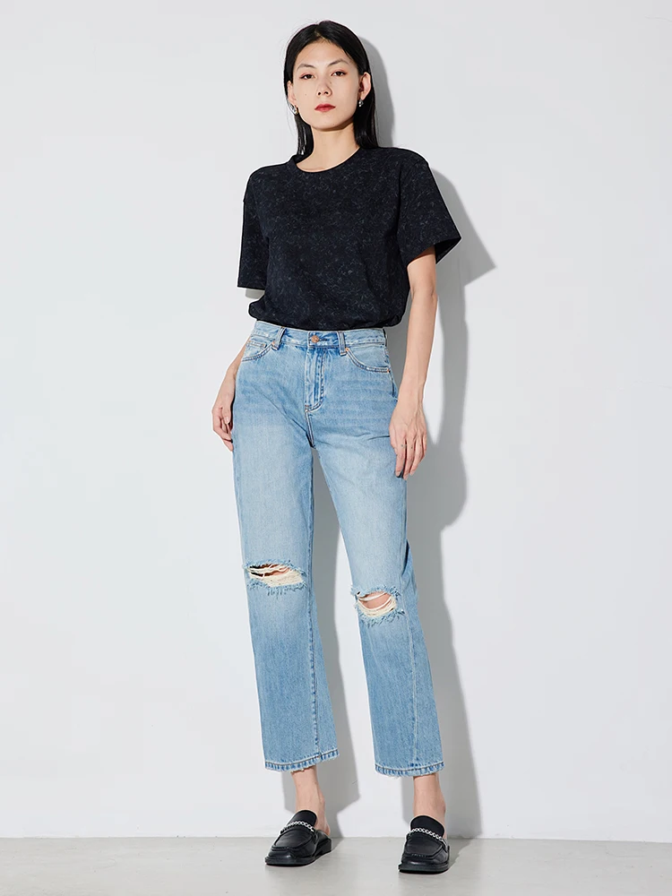 

RUGOSAM High Waist Distred Series Comfortable Women's Straight Leg Nine-Tenths Jeans T078 Personali Autumn Faion