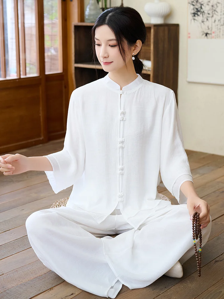 

Elegant Zen Style Women's Tai Chi Yoga Meditation Clothing Set Tea Ceremony Uniform Cotton Traditional Chinese Cultural Outfit