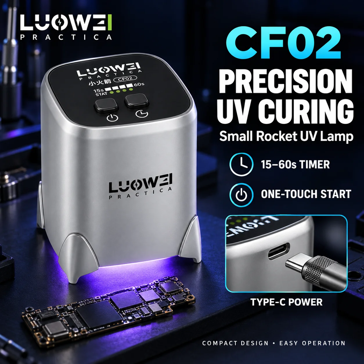LUOWEI CF02 Small Rocket Compact UV Curing Lamp with 15-60s Timer and Type-C Power for Mobile Phone Motherboard Glue Repair