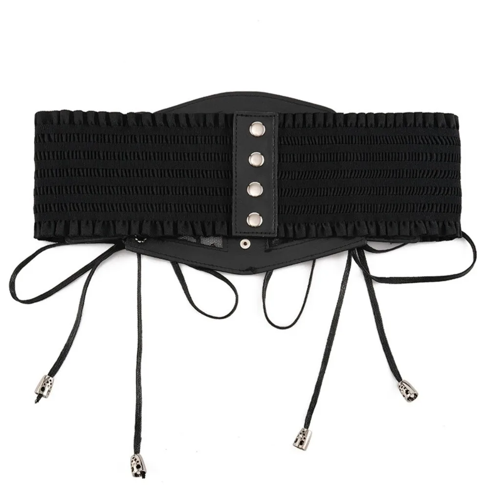 Zwarte kanten riemen brede elastische korset retro pin gesp tailleband voor dames op shirtjurk