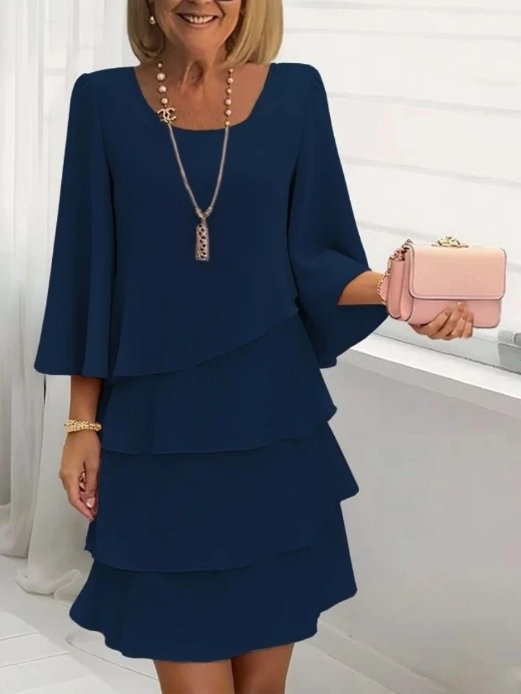 New Spring Summer Women's Fashion Cake Skirt 3/4 Bell Sleeve Temperament Loose Crewneck Dress Women Tiered Layered Flowy Dresses