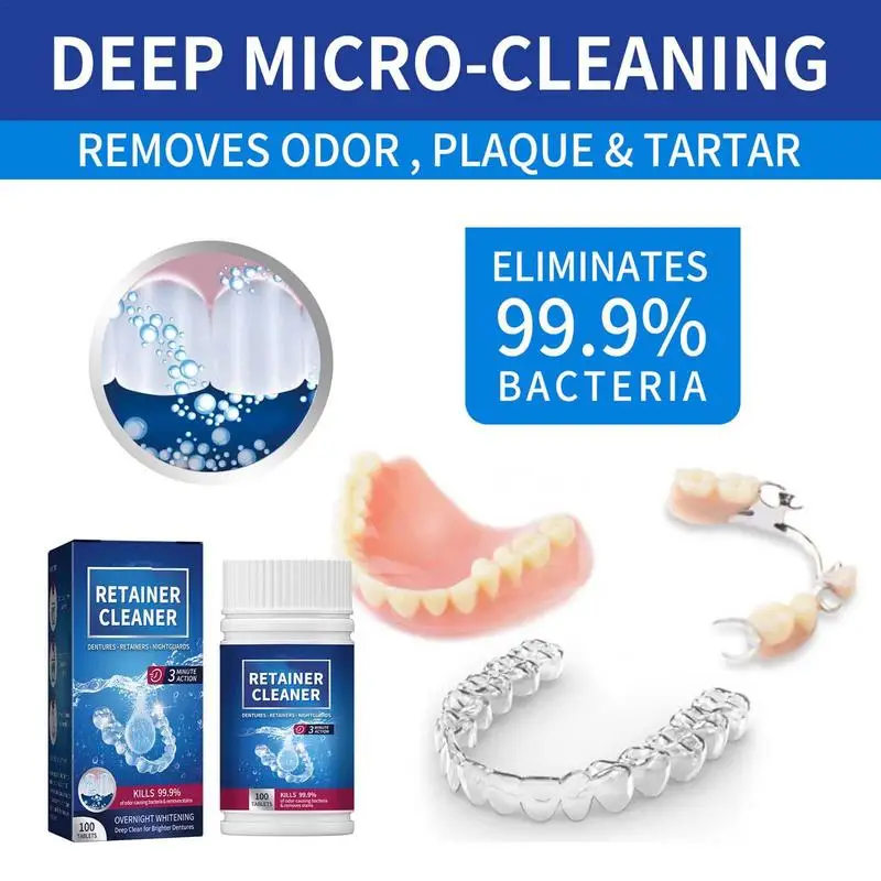 100 tabs retentor de dentadura comprimidos de limpeza para retentores de limpeza e aparelhos dentários remove maus odores manchas de descoloração