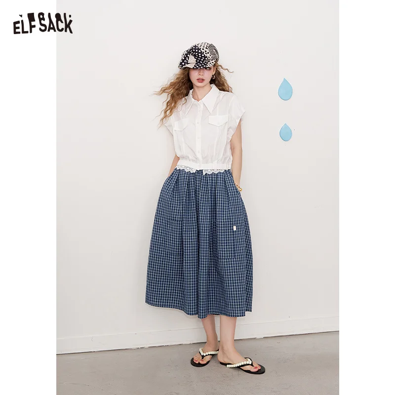 ELFSACK 2025 Summer New Arrival Retro Casual Plaid Wide-Legged Trousers Loose Thin Ankle-length Pant Culotte For Woman