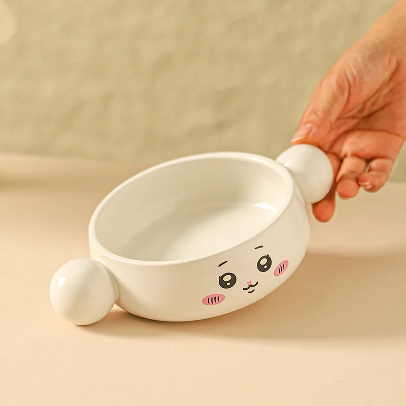 Ceramic Binaural Soup Bowl with Creative Anti Scalding and Cute Facial Expressions, Personal Yogurt Salad,fruit Noodle Bowl