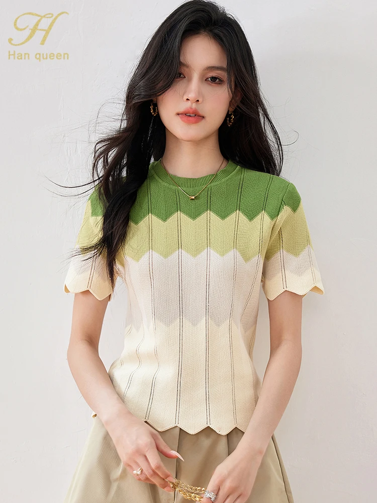 H Han Queen 2024 Female Clothing Striped Knitwear Simple Short Sleeve T-Shirt Summer Tops Korean Chic Casual Blouse Women Tees