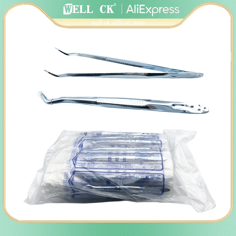 100pcs Dental Disposable Tweezer Tool Stainless Steel Serrated Curved Forceps Teeth Whitening Dentist Tools Dental Materials