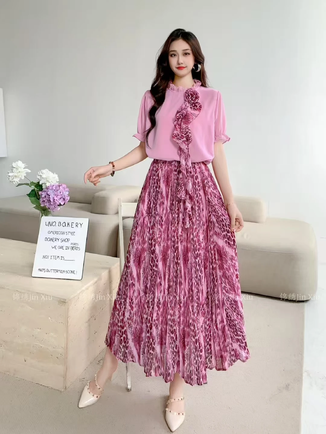 

New Summer Women Elegant Leopard Print Skirt Suits Sweet Ruffles Patchwork Chiffon Shirt And High Waist Long Skirt Two Piece Set
