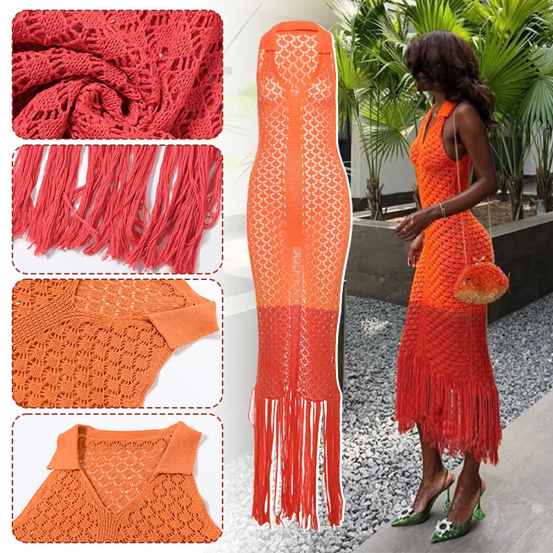 

Sexy Hollow Out See Through Women Knit Long Bodycon Dress Summer Girl Turn-Down Collar Sleeveless Tassel Sheath Long Dress New