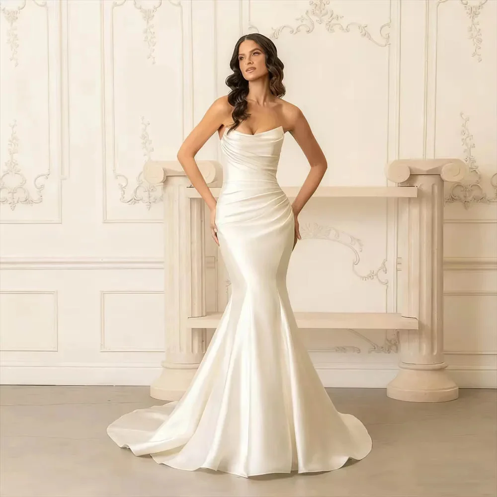 

2026 Strapless Mermaid Wedding Dress Pleated Sleeveless Bride Dress Elegant Bride Gowns Formal Bridal Gown for Wedding Party