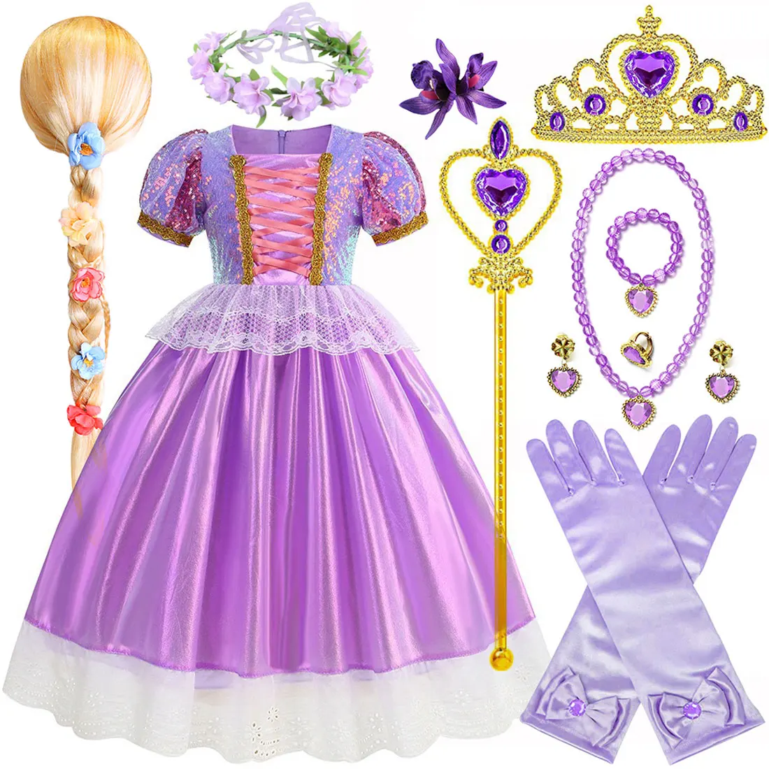 

2025 New Rapunzel Girl Cosplay Dress Summer Party Out for Leisure Purple Cute Short Sleeve Dress + Accessories Set Gift For Girl