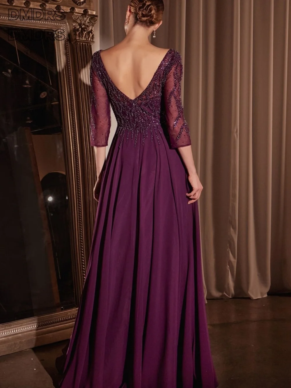 Formal V-neck Evening Dresses Elegant Long Sleeve A-Line Mother of the Bride Dress Charming Chiffon Lace Prom Gowns Customized