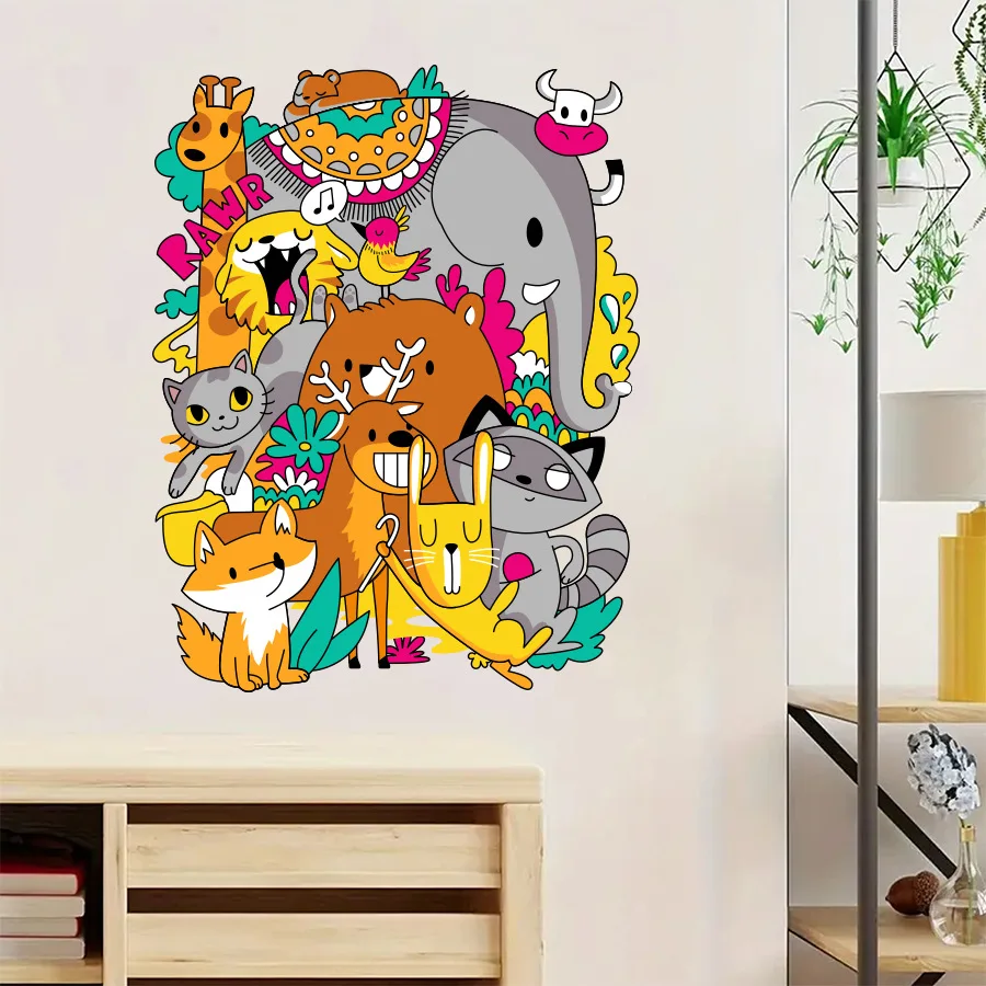 Cartoon Animals Gather Together Wall Sticker Boho Pop Art Fun Wallpaper Playroom Jungle Kids Girls Room Nursery Wall Decoration