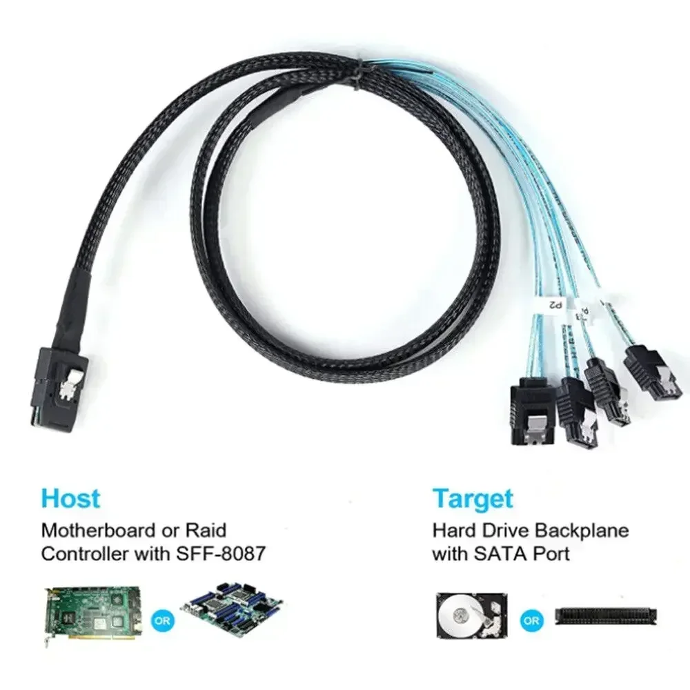 MINI SAS SFF-8087 to 4-Port SATA Female HDD Cable - High-Speed Data Transfer Cable - Compatible with Servers/Storage Devices