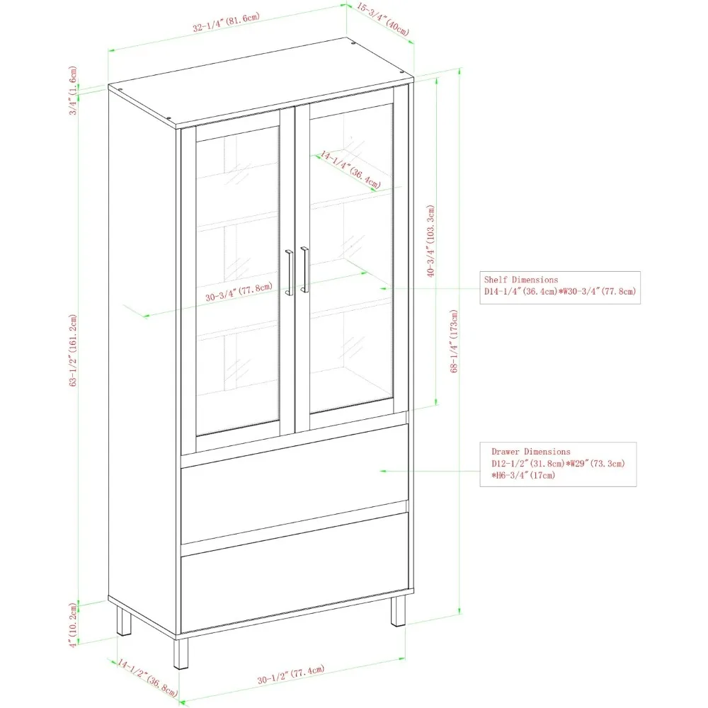 Furniture Company Glass Door Storage Hutch, 68 Inch, Dark Walnut