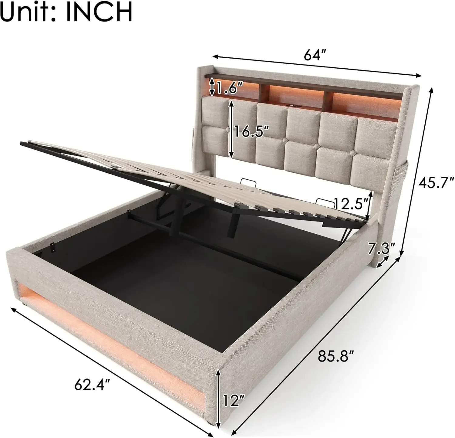 Elevating Storage Bed Frame with LED Lights and USB Charging Port, Adjustable Soft Cushion Platform Bed Frame Bedroom Furniture