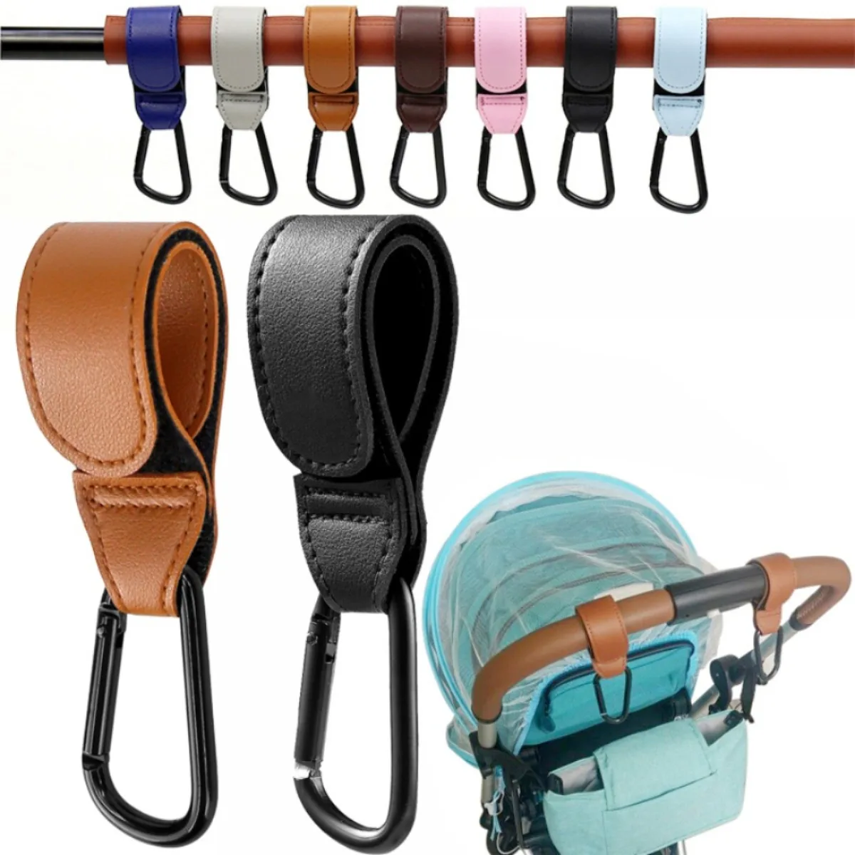 2pcs /lot Baby Stroller Hook PU Leather Cart Organizer Diaper Bag Hanger Climbing Buckle Hooks Child Pram Accessories