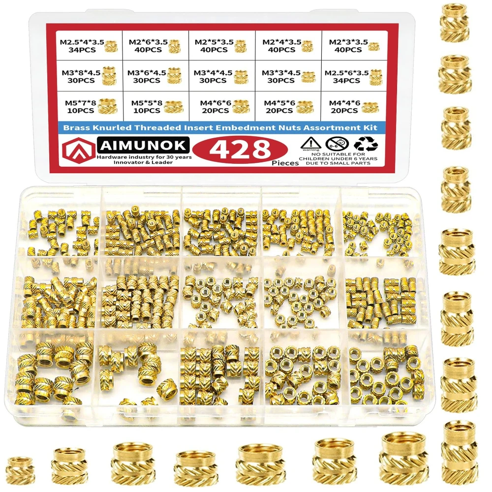 

428pcs High Quality Copper Nut Inserts Embossed Diagonal Grain Copper Nuts Brass Processed M2 M2.5 M3 M4 M5 Copper Nuts Fastener